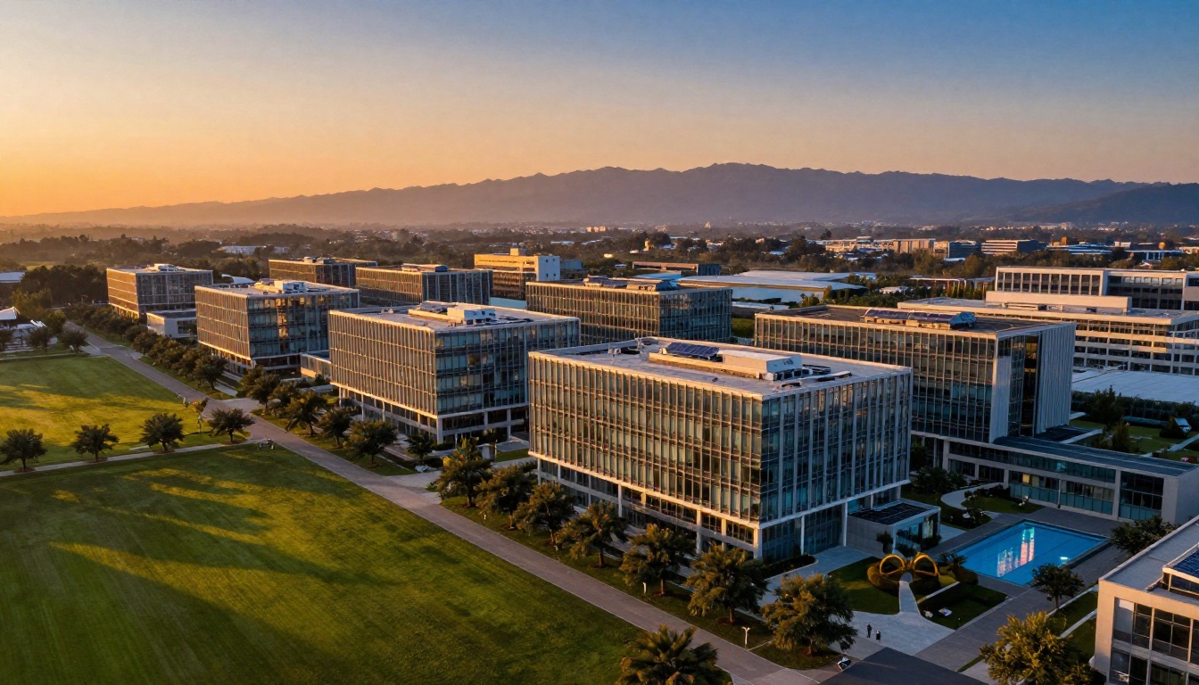 Aerial drone view of a modern tech campus at golden hour with glass and steel buildings Aerial drone view of a modern tech campus at golden hour with glass and steel buildings