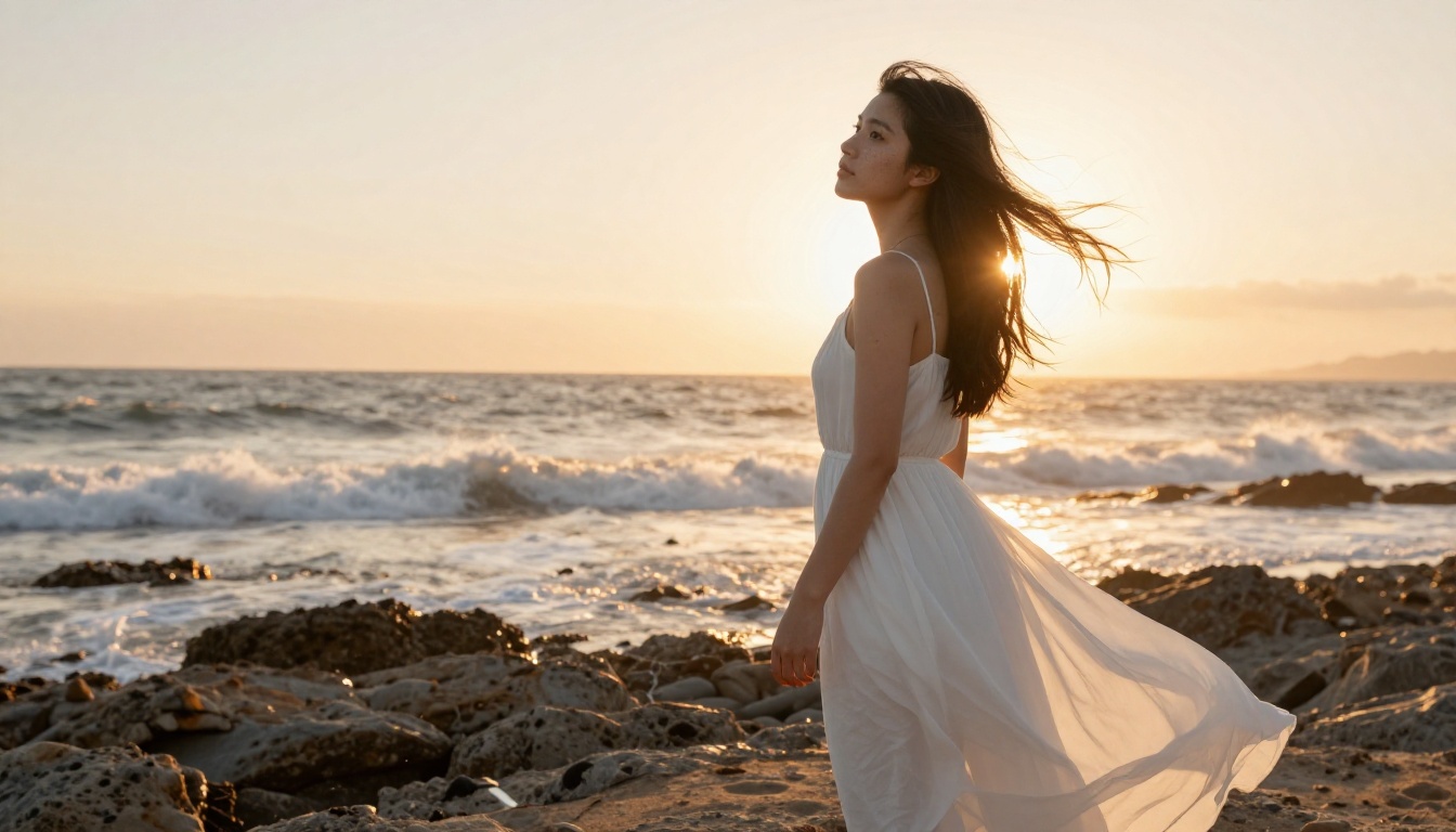 Woman in a flowing white sundress on a rocky Atlantic coastline at golden hour