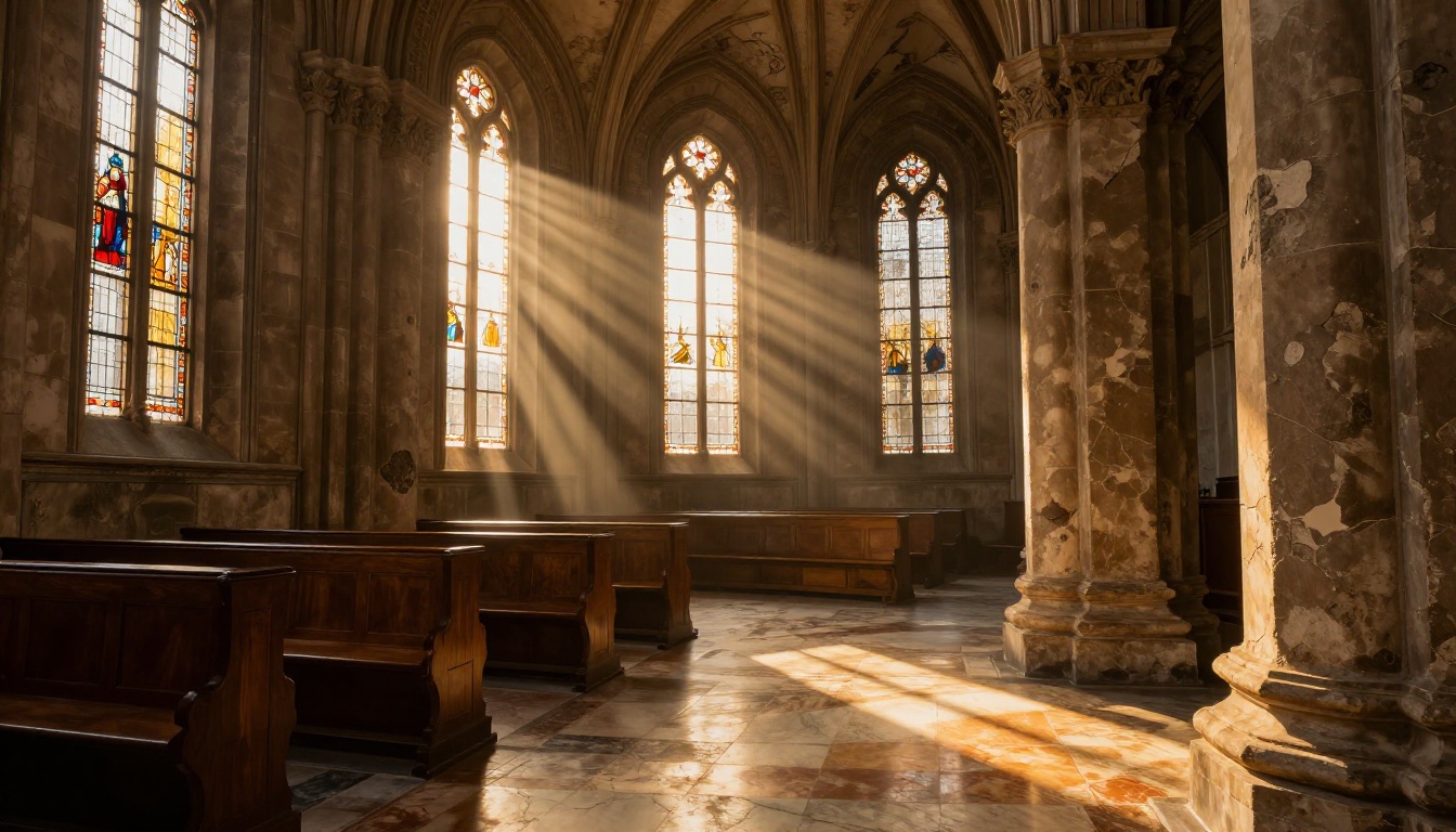 Grand baroque cathedral interior with volumetric golden hour light rays