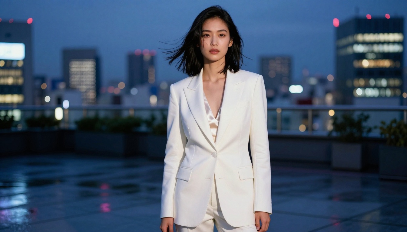 High fashion editorial portrait of a woman on a Tokyo rooftop at blue hour