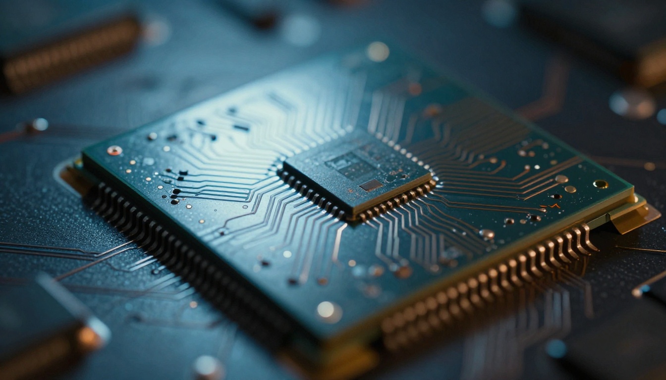 Silicon microchip macro photograph showing intricate copper circuit complexity Silicon microchip macro photograph showing intricate copper circuit complexity