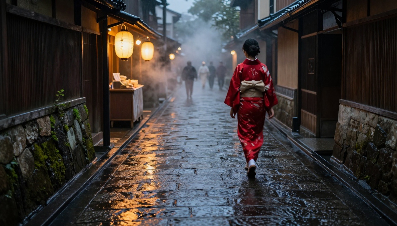 Rainy Kyoto alleyway at night with paper lanterns reflecting on wet cobblestones