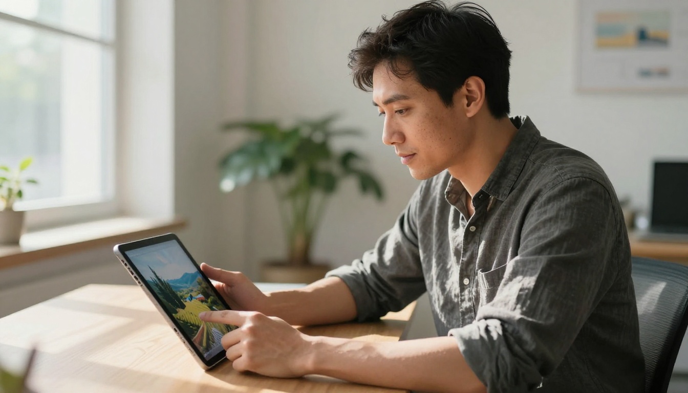 Creative professional reviewing stunning AI-generated images on a large tablet