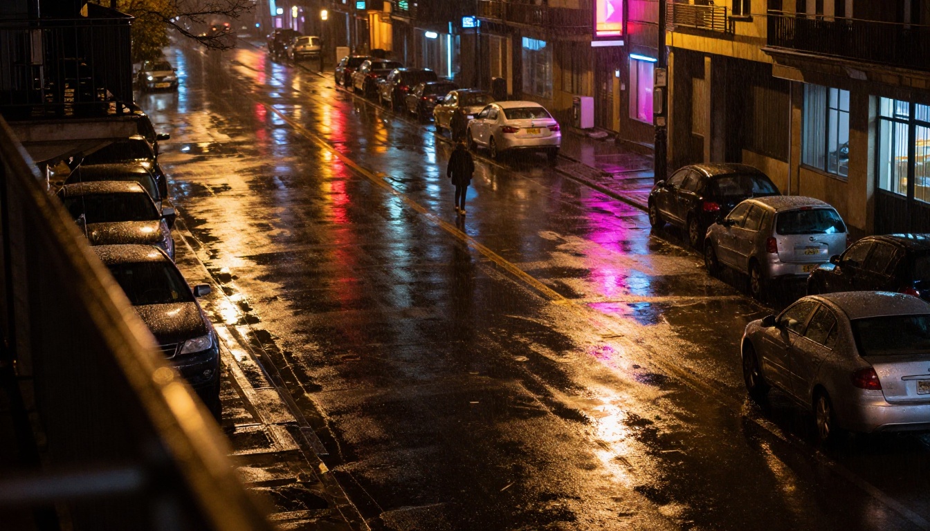 Night cityscape with rain-soaked streets and vibrant amber and magenta light reflections