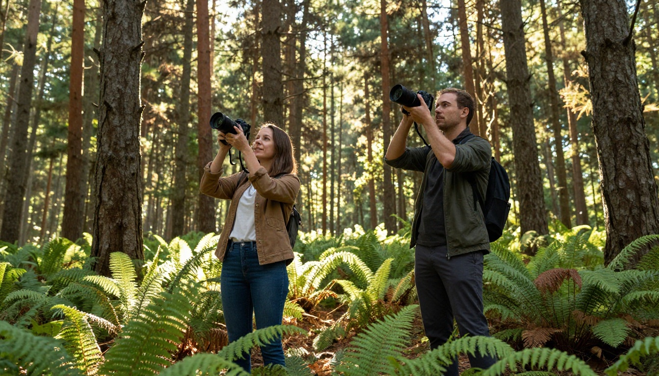 Two photographers in a pine forest comparing camera shots in dappled morning light Two photographers in a pine forest comparing camera shots in dappled morning light