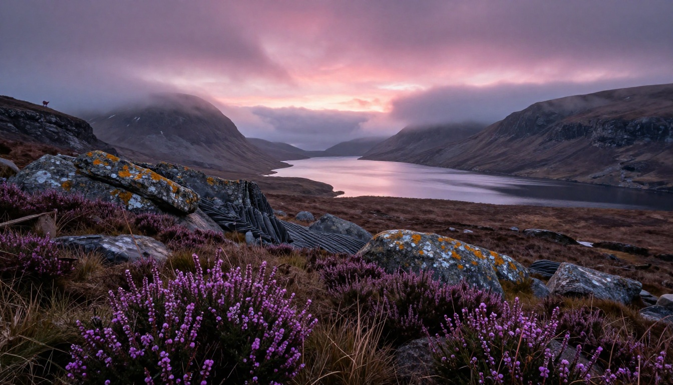 Scottish Highlands glacial valley at dawn with morning mist over the loch