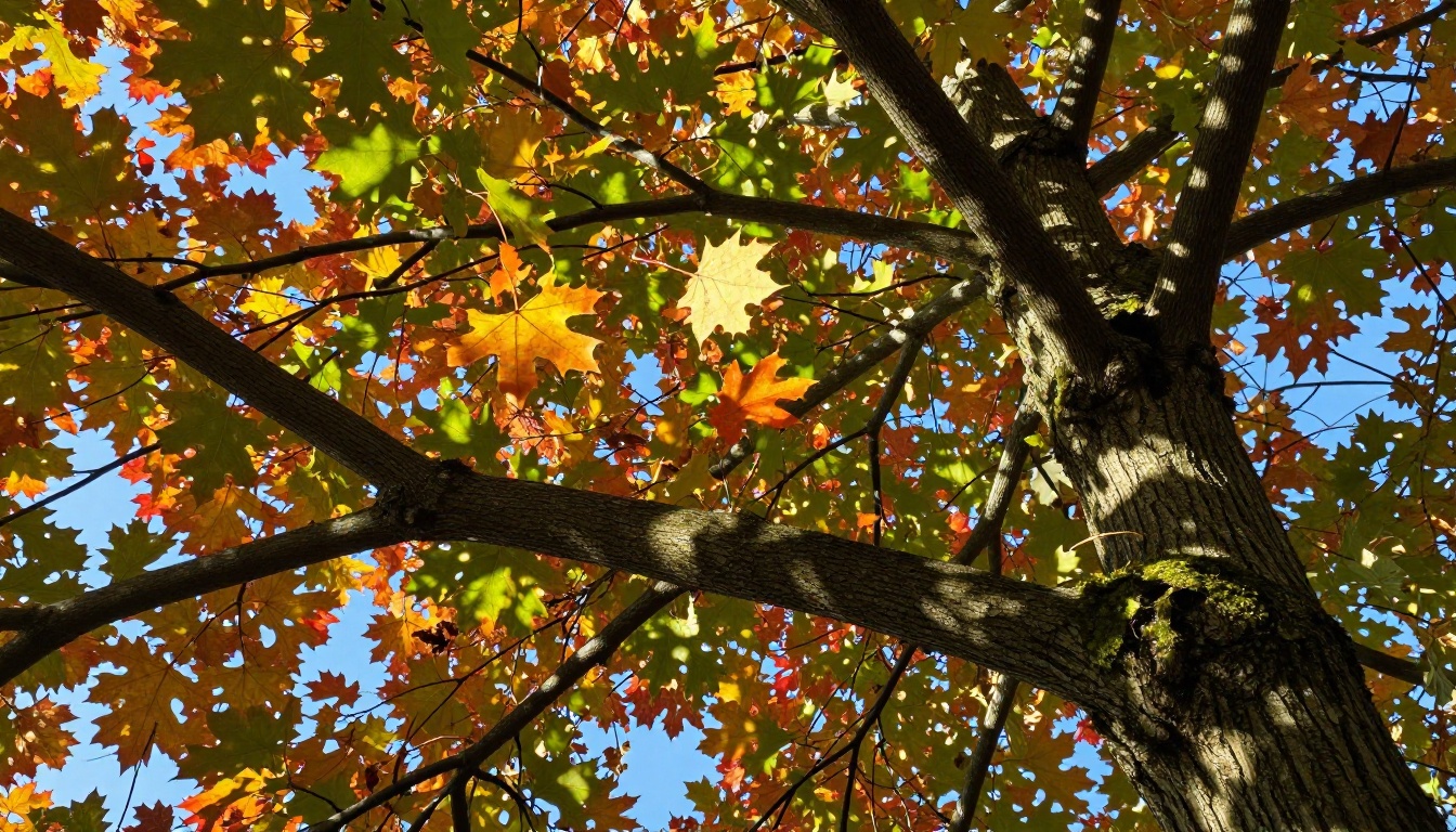 Autumn forest canopy photographed from below with backlit leaves in warm amber tones