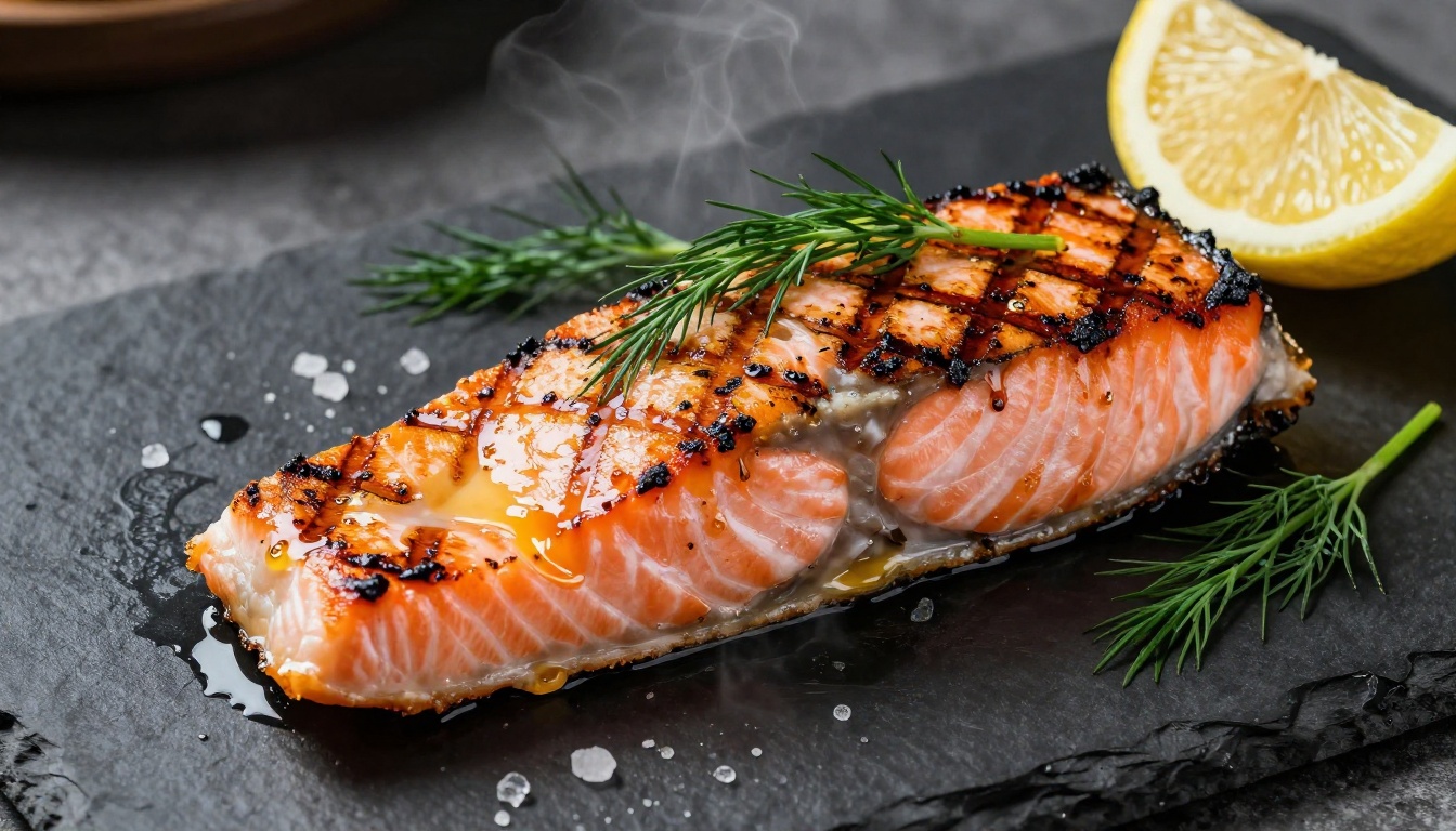 Close-up food photography of grilled salmon on dark slate with natural textures and steam