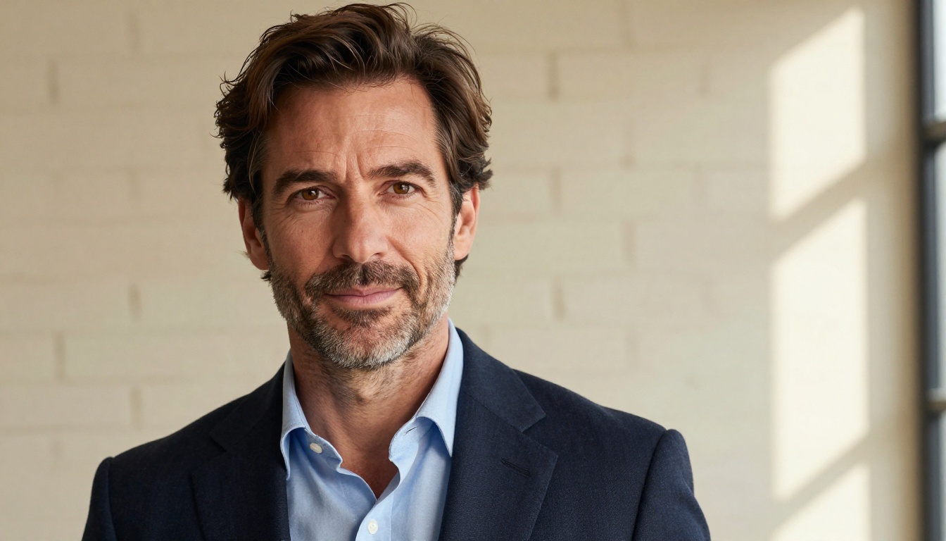 Professional male editorial headshot with natural Rembrandt window lighting