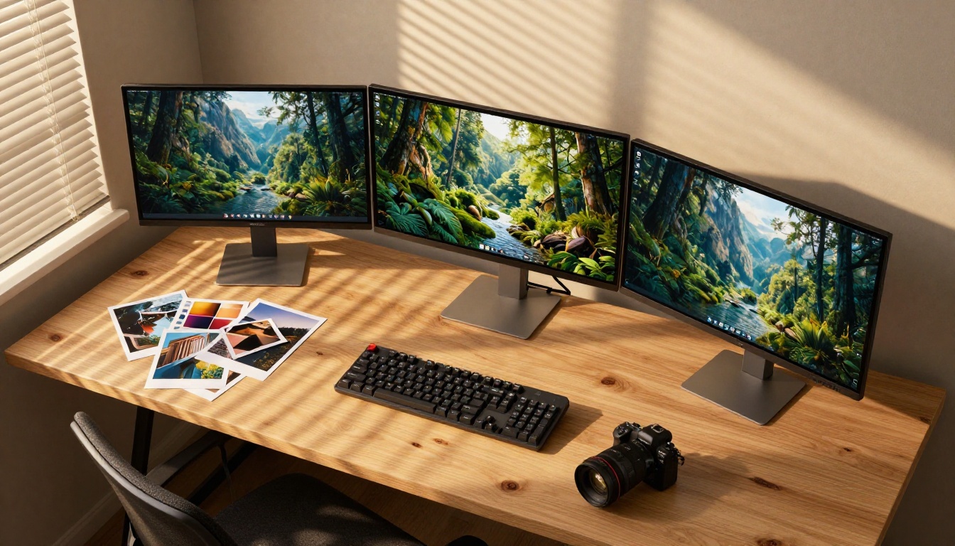 Aerial top-down view of a minimalist workspace with multiple monitors showing AI-generated images Aerial top-down view of a minimalist workspace with multiple monitors showing AI-generated images