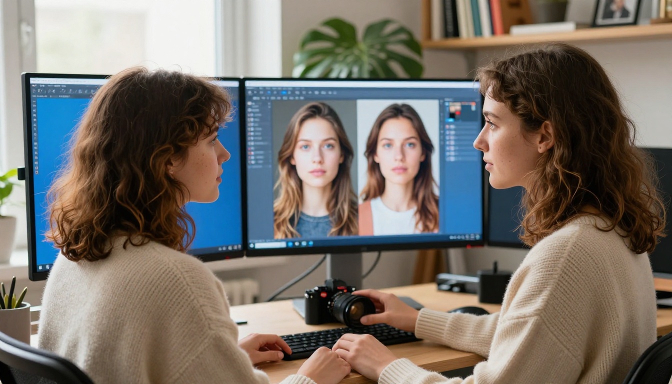 Young woman graphic designer reviewing a photorealistic AI-generated portrait on an ultrawide monitor Young woman graphic designer reviewing a photorealistic AI-generated portrait on an ultrawide monitor