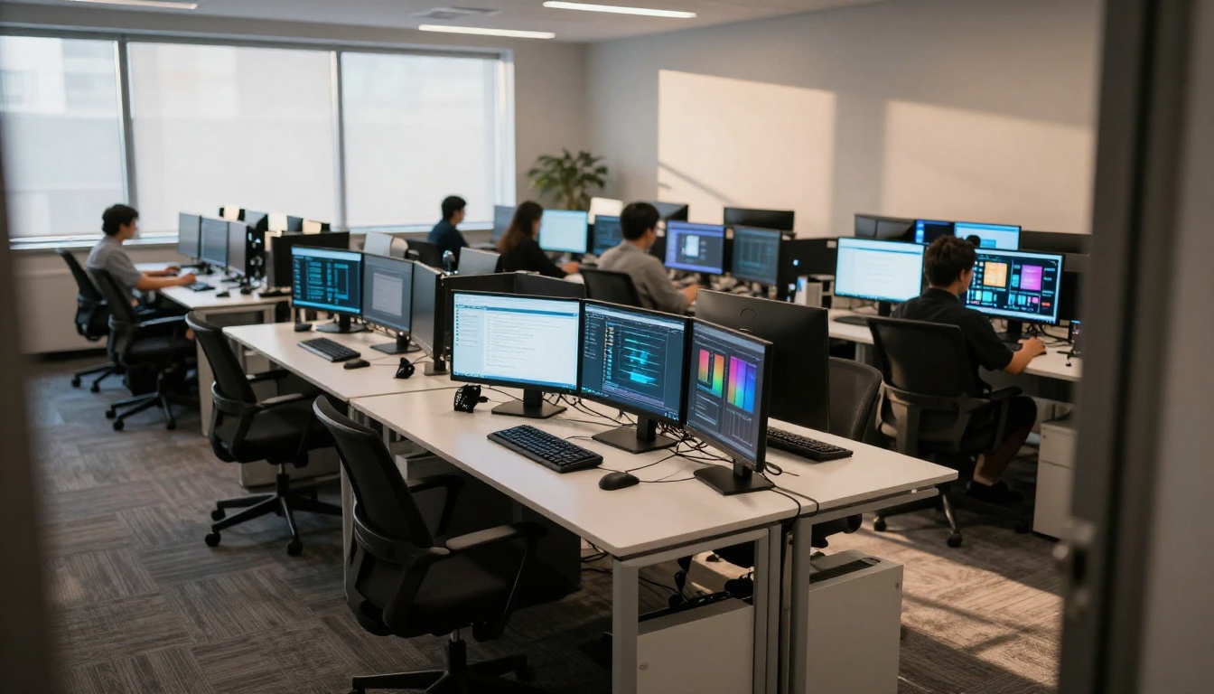 Content creator at workstation evaluating AI-generated images Content creator at workstation evaluating AI-generated images