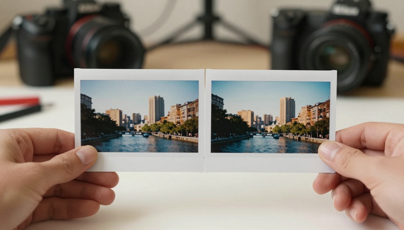 Two hands comparing traditionally captured and AI-generated photographs on a professional light table Two hands comparing traditionally captured and AI-generated photographs on a professional light table