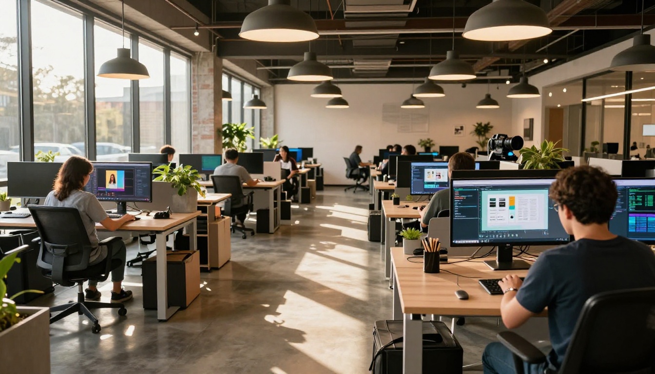 Wide-angle interior shot of a modern tech startup office with developers working at monitors displaying AI image galleries Wide-angle interior shot of a modern tech startup office with developers working at monitors displaying AI image galleries