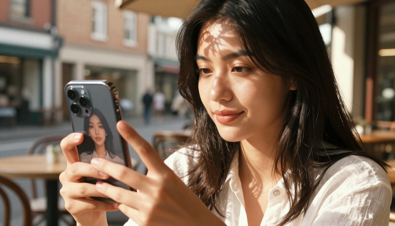 Young woman with olive skin holding a smartphone displaying a beautifully generated AI portrait at a cafe terrace