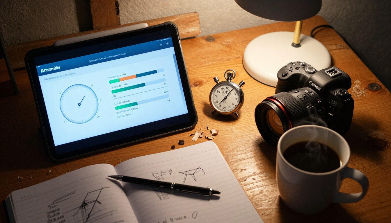 Overhead shot of a desk with a tablet showing image generation progress bars and a stopwatch