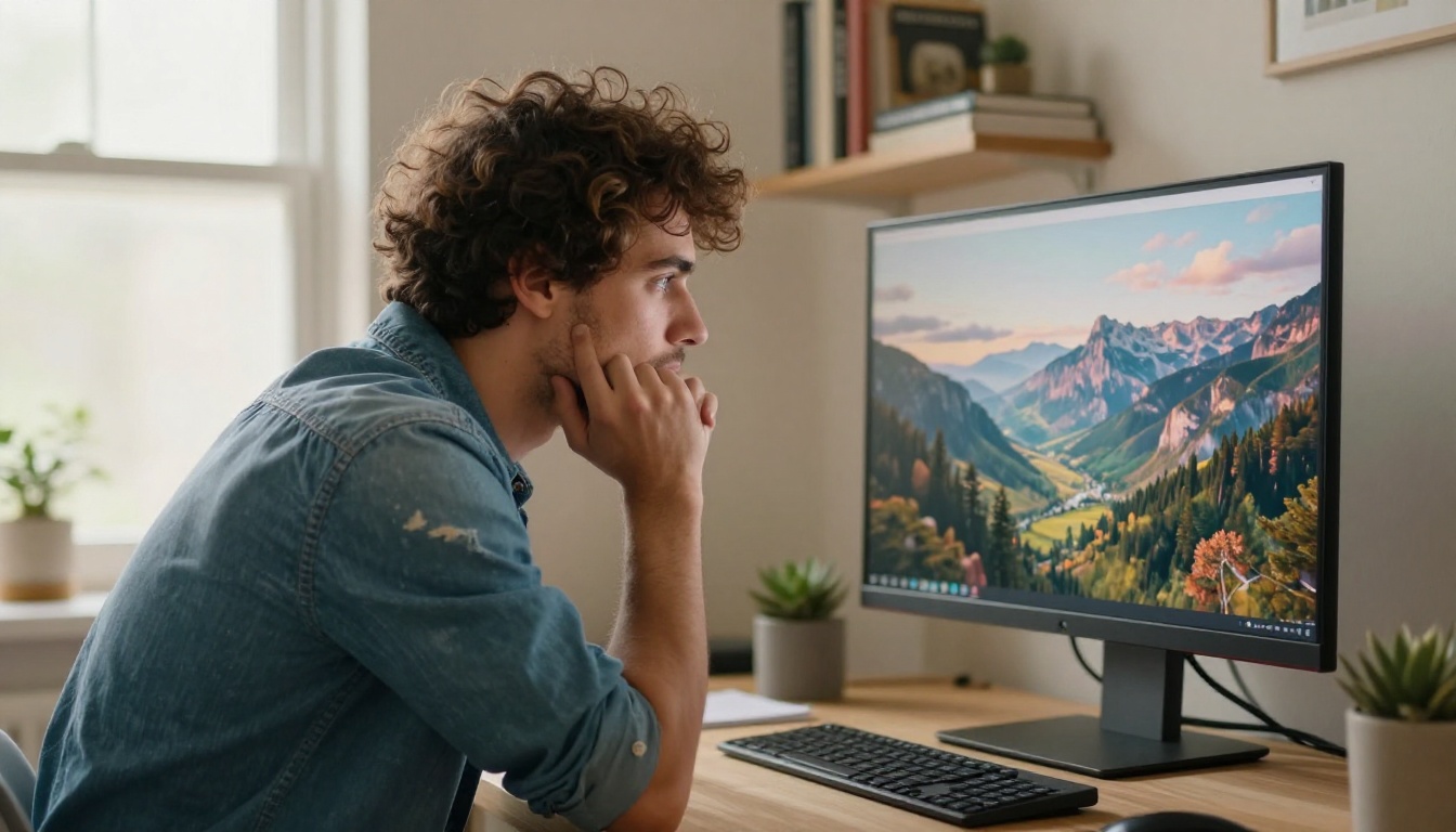 Young man with curly hair intensely focused on a large monitor showing an AI-generated landscape at a bright home office
