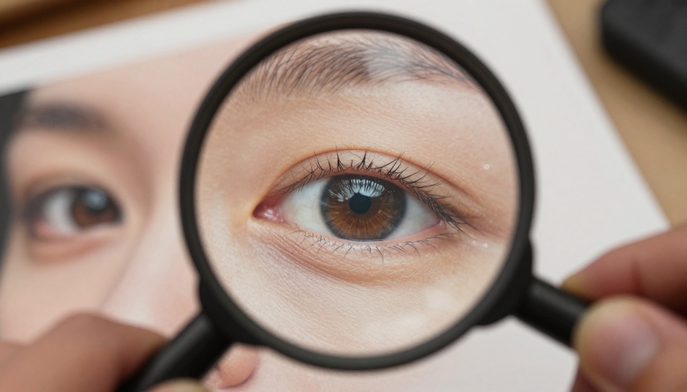 Extreme close-up macro shot of a magnifying glass revealing photorealistic detail in a printed photograph
