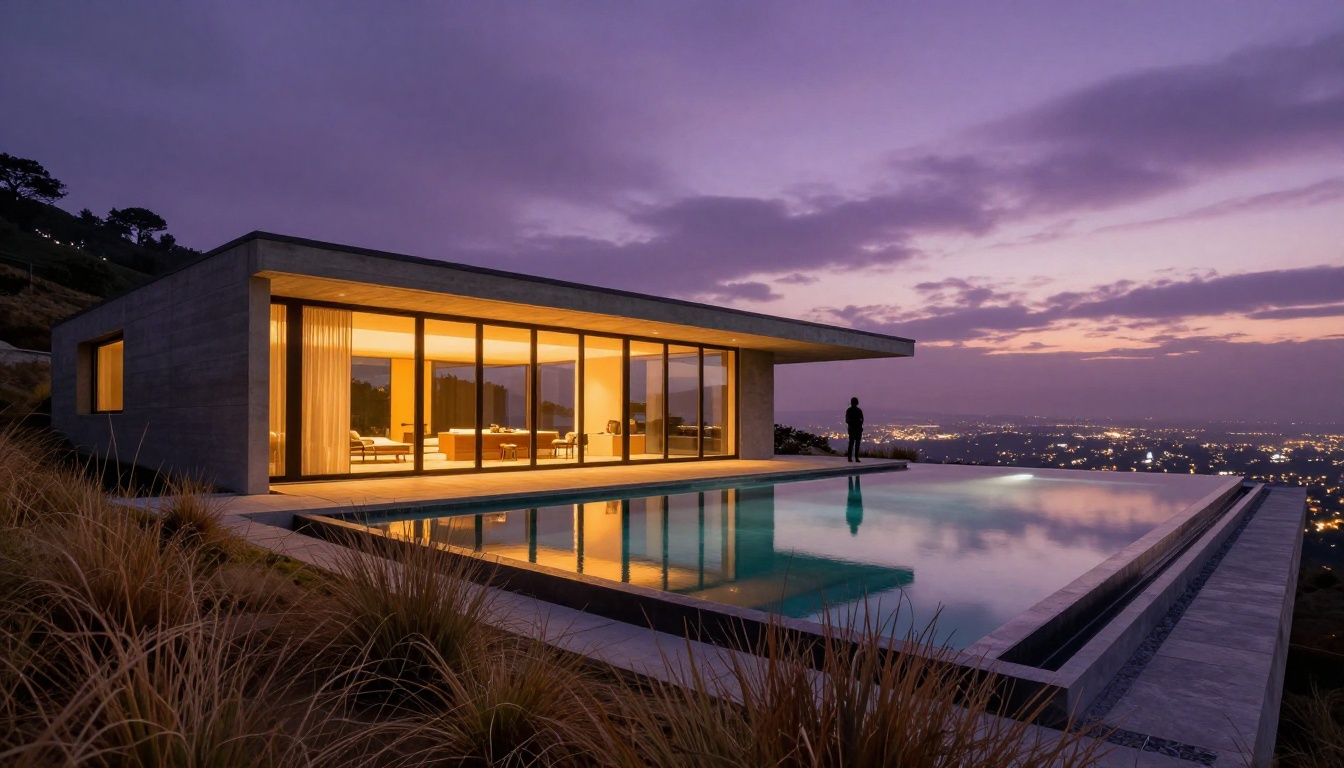 Architectural photography at twilight showing Flux Pro's lighting accuracy