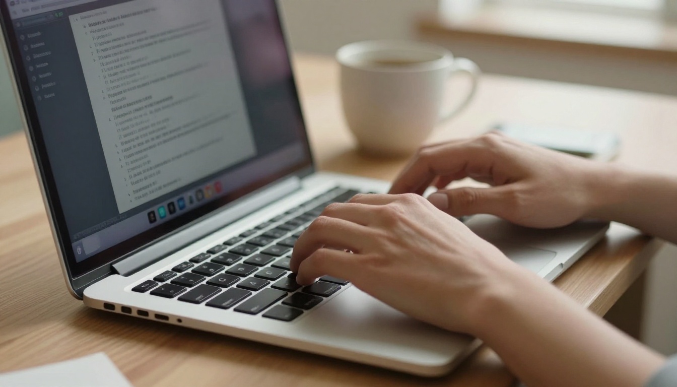 Hands typing a detailed AI prompt on a modern laptop with warm indoor window light