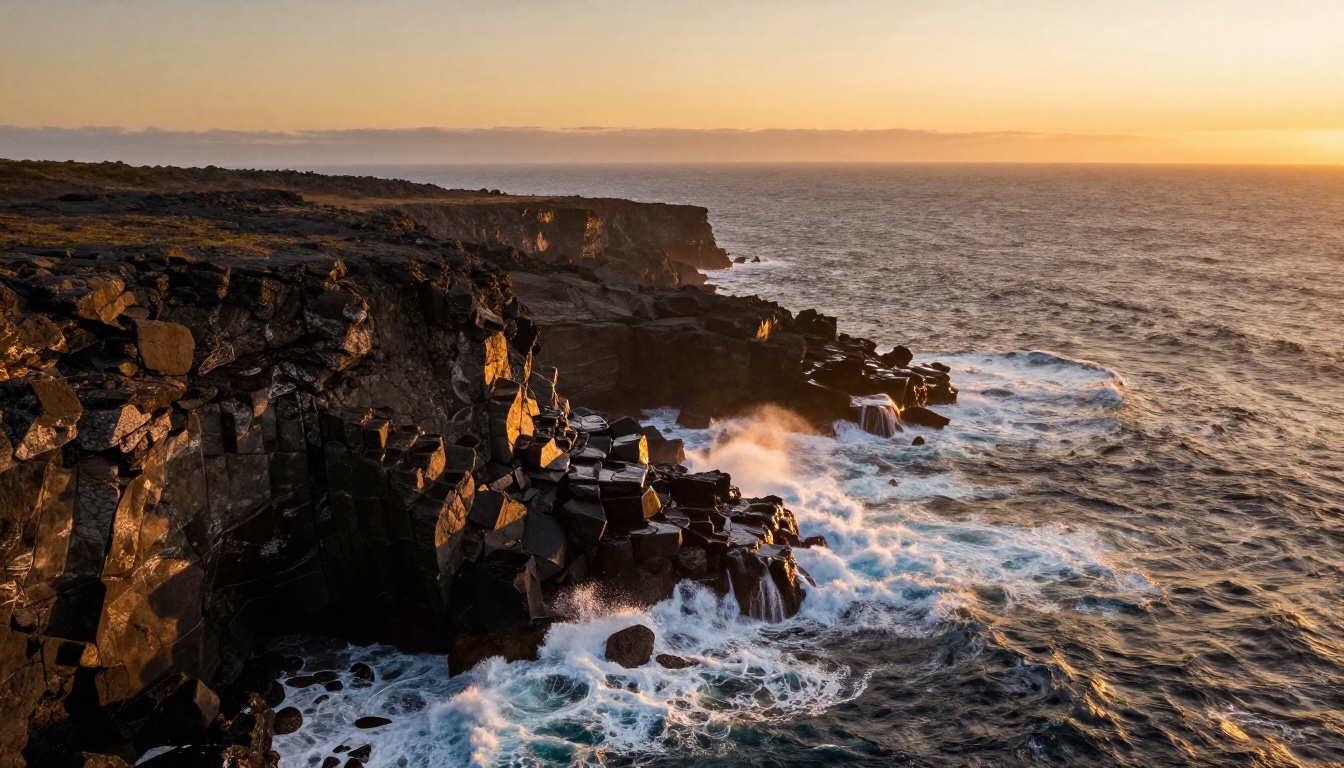 Aerial shot of rugged coastal cliffs at golden hour with waves crashing against volcanic rocks