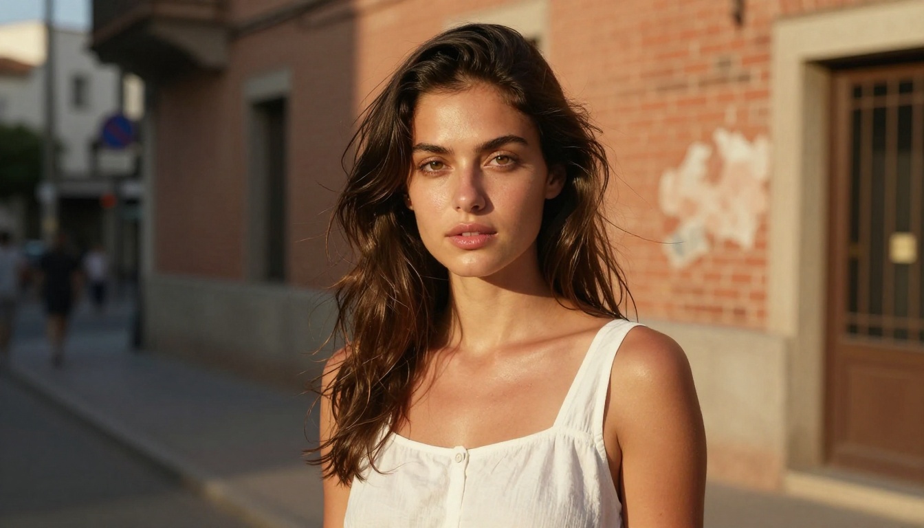 Natural portrait of a young woman in a white linen dress against a weathered brick wall in golden afternoon light