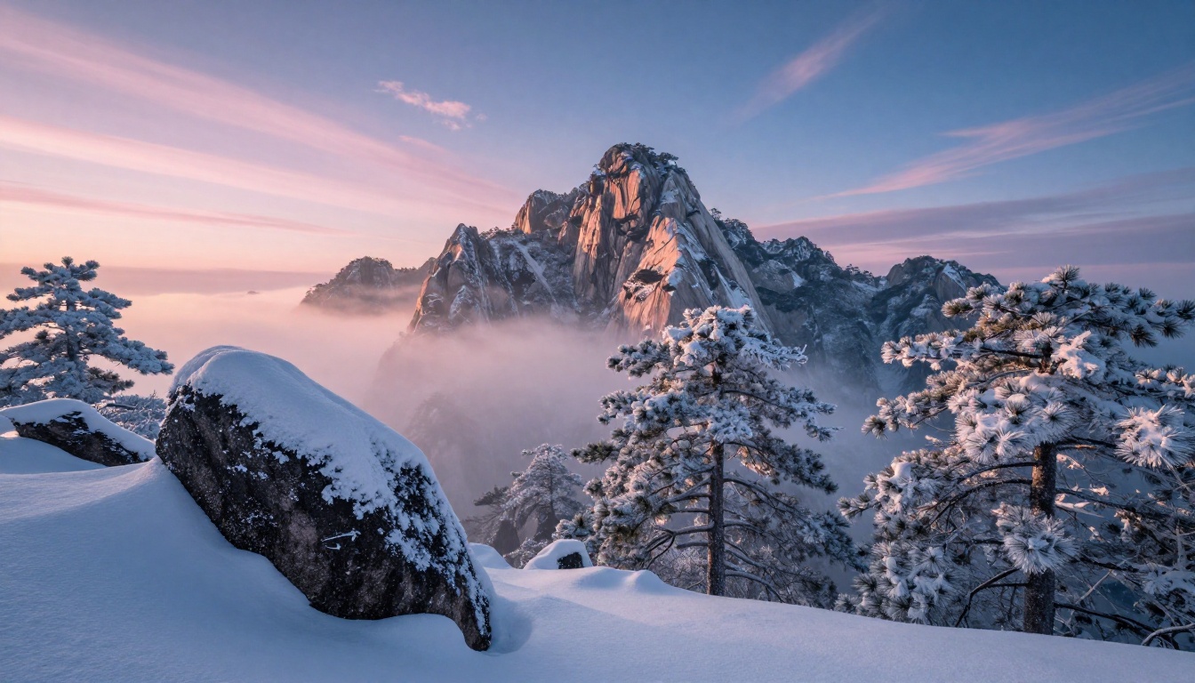 Dramatic low-angle sunrise shot of a snow-capped mountain peak with mist filling the valley below