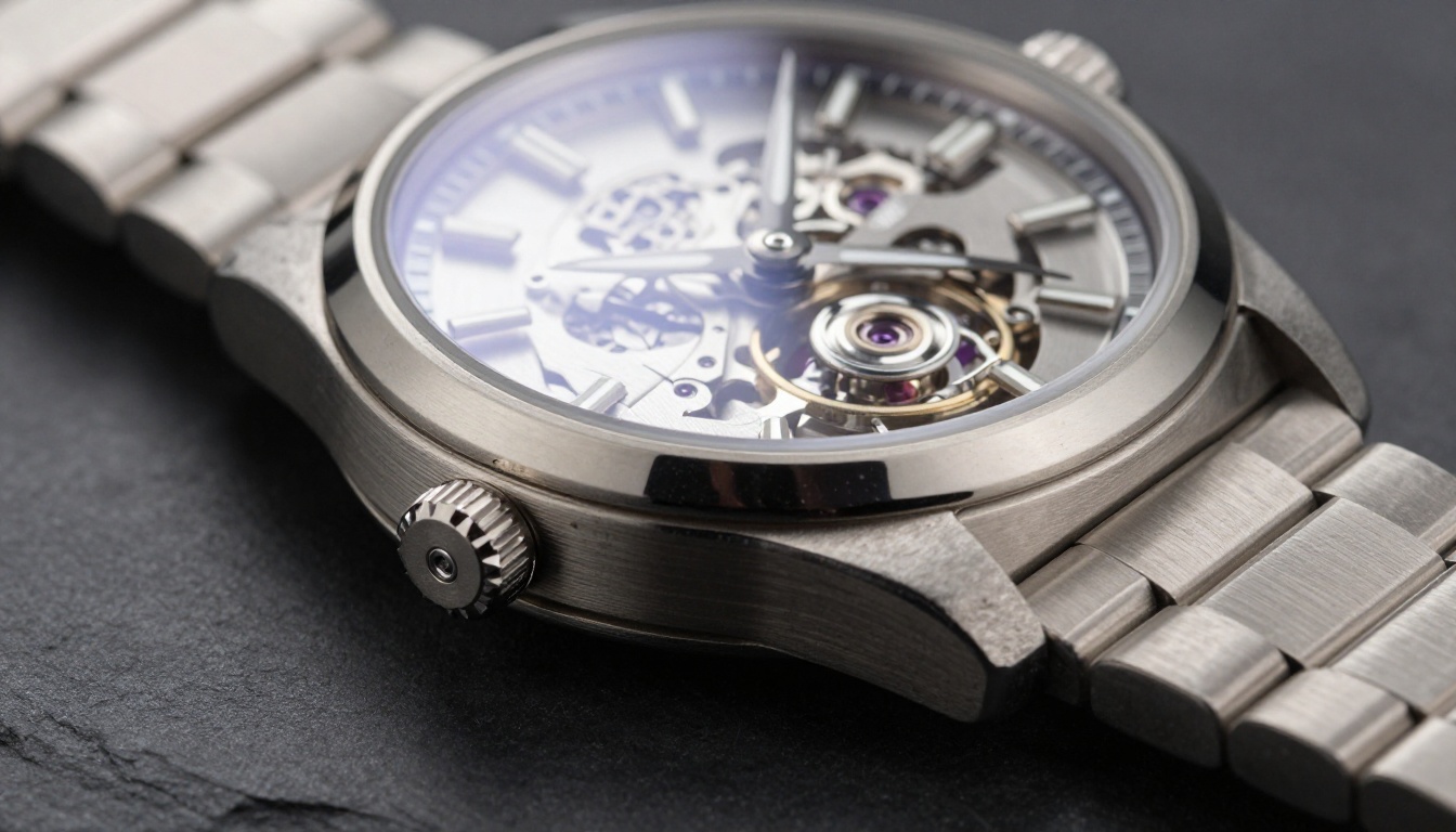 Extreme close-up product photography of a luxury mechanical watch on dark textured slate with directional spotlight