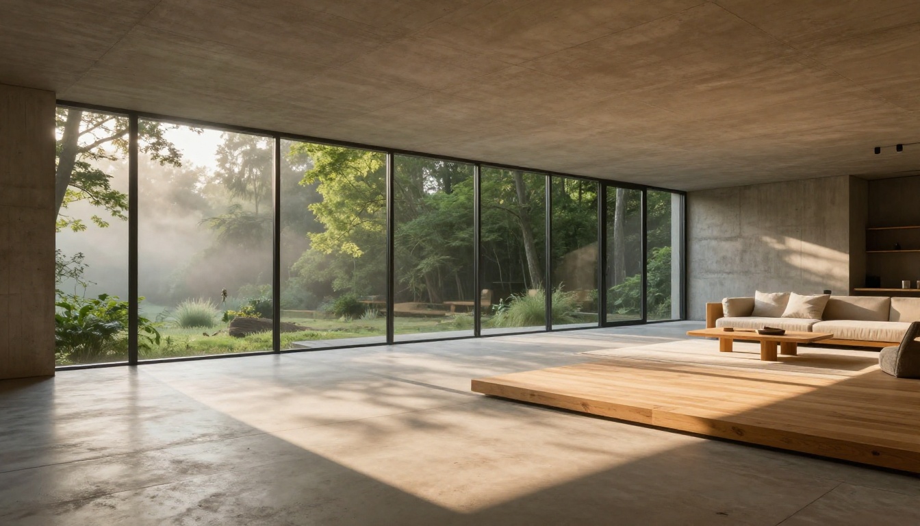 Modern open-plan interior with floor-to-ceiling glass walls overlooking a misty green forest in morning light