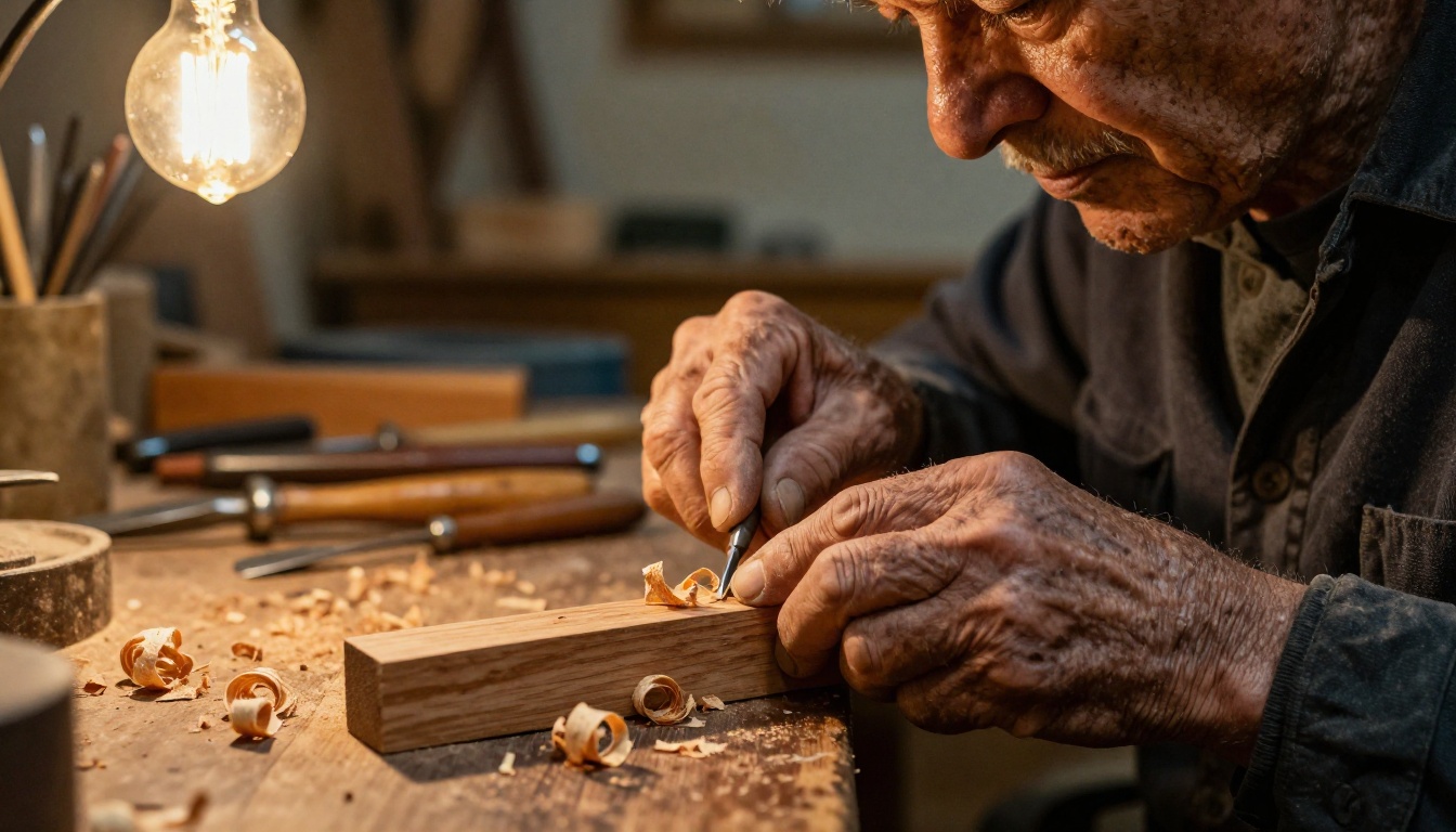 Elderly craftsman's weathered hands at a wooden workbench with fine wood shavings under warm workshop light