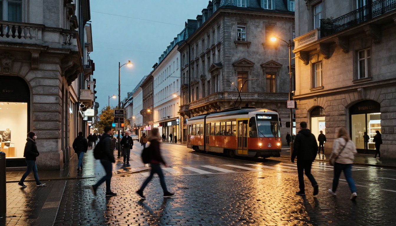 Wet cobblestone European city street at dusk with warm lamplight reflections and motion-blurred pedestrians