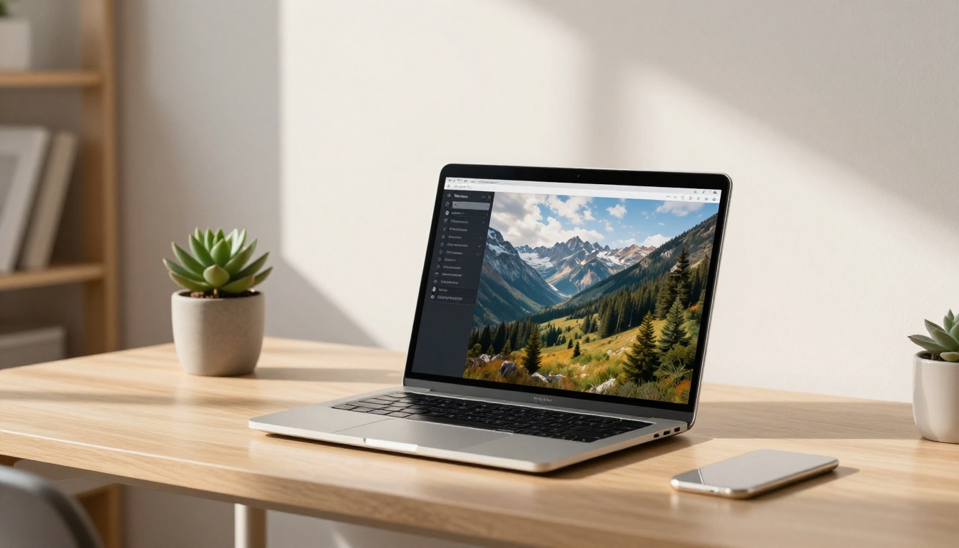 Sleek modern laptop on an oak desk showing an AI image generation interface with warm afternoon window light