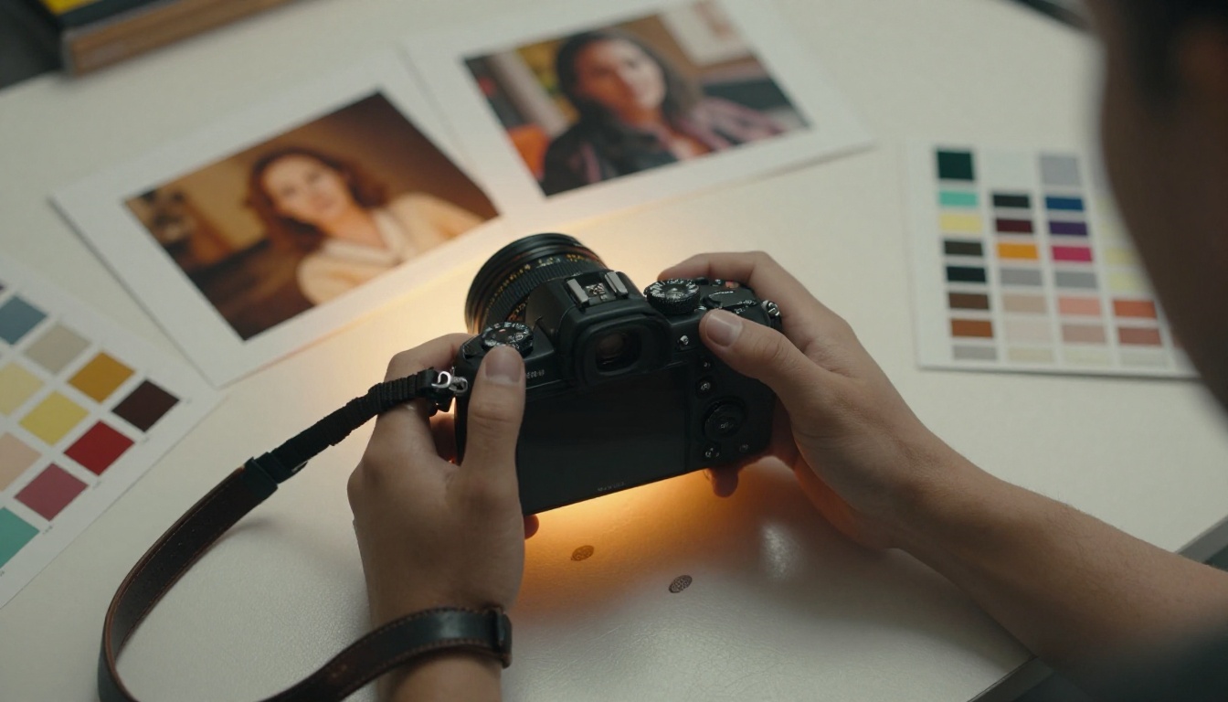 Overhead view of photography equipment and printed photographs on a lit table Overhead view of photography equipment and printed photographs on a lit table