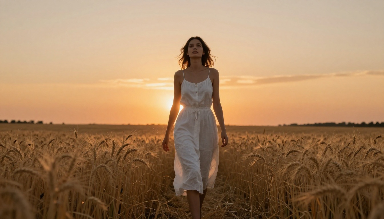 Woman walking through golden wheat field at sunset with cinematic backlight Woman walking through golden wheat field at sunset with cinematic backlight