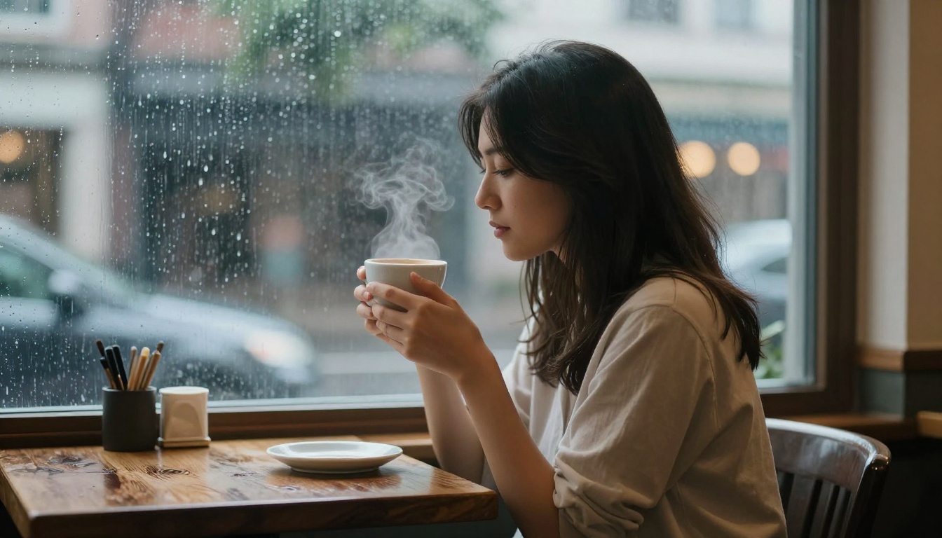 Woman in profile at a cafe window with rain-streaked glass and warm interior light Woman in profile at a cafe window with rain-streaked glass and warm interior light