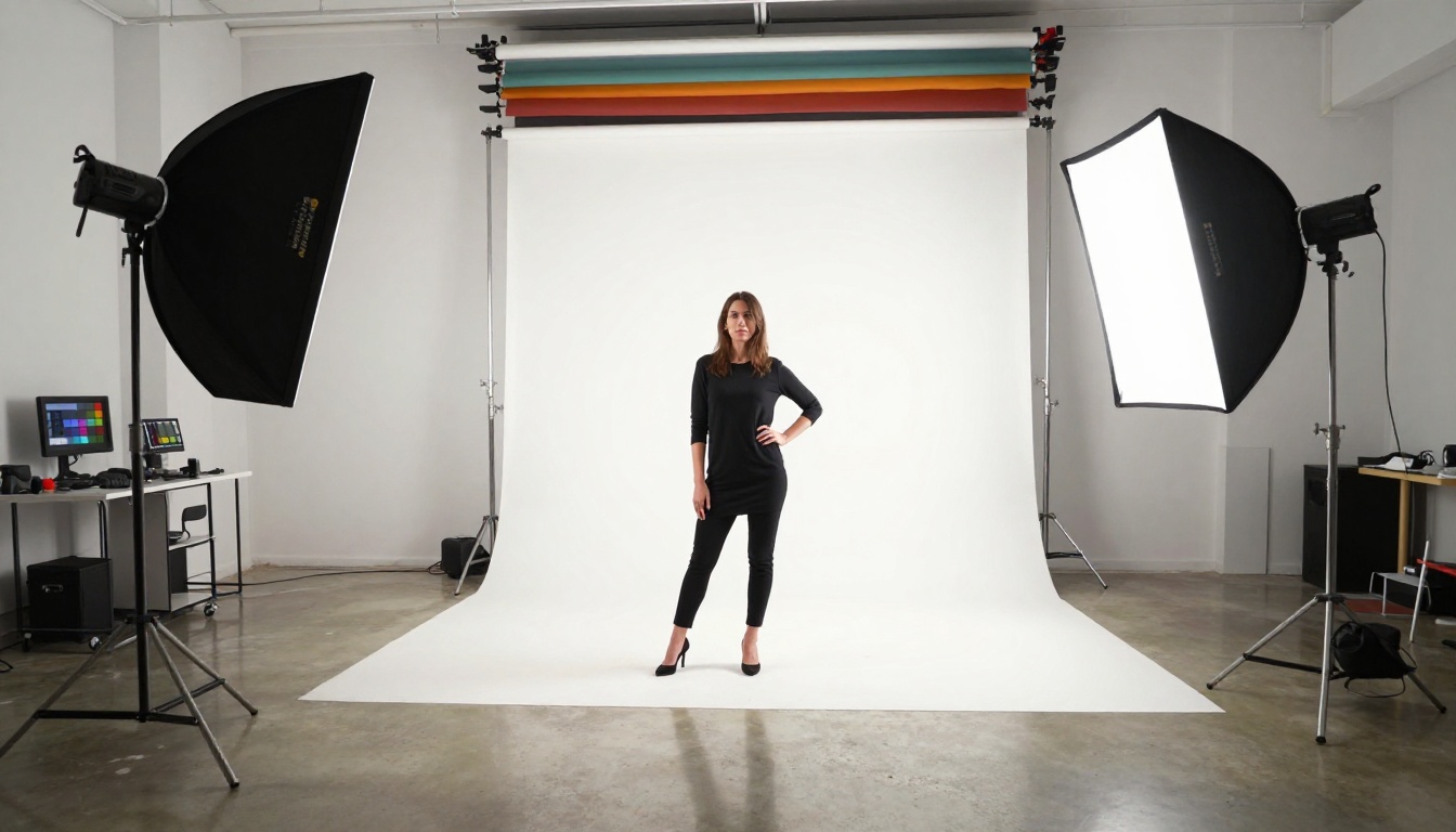 Professional photo studio interior with model posing against white seamless backdrop Professional photo studio interior with model posing against white seamless backdrop