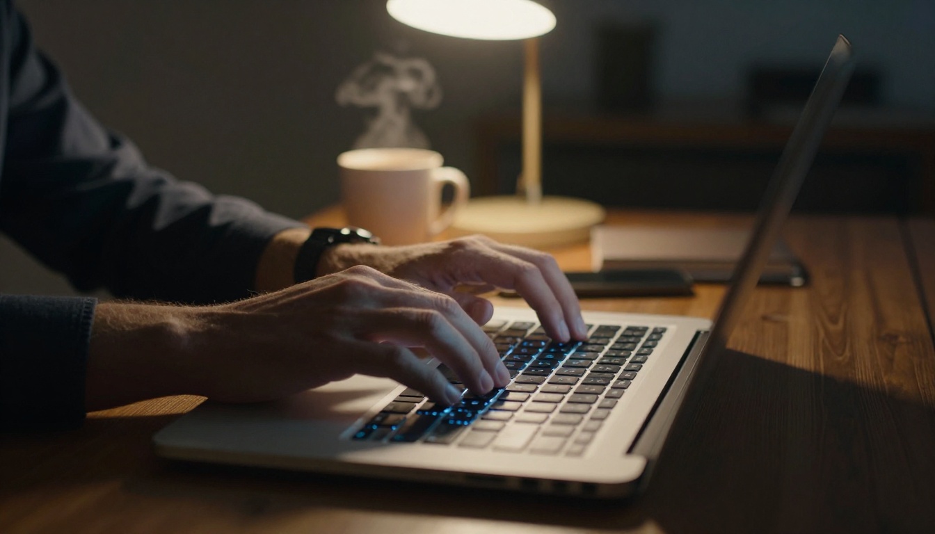 Man's hands typing on a laptop keyboard in a dark home office with screen glow