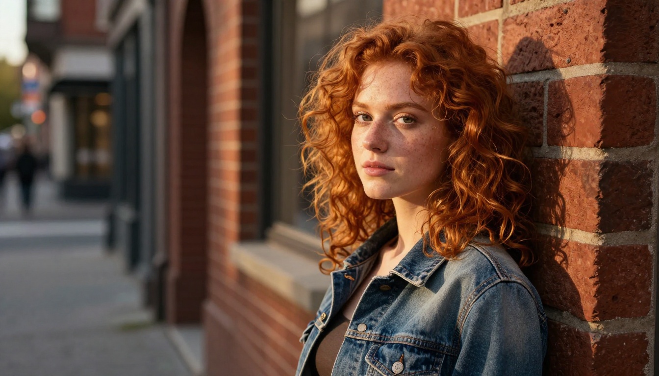 Young woman with curly red hair photographed on a city street at golden hour