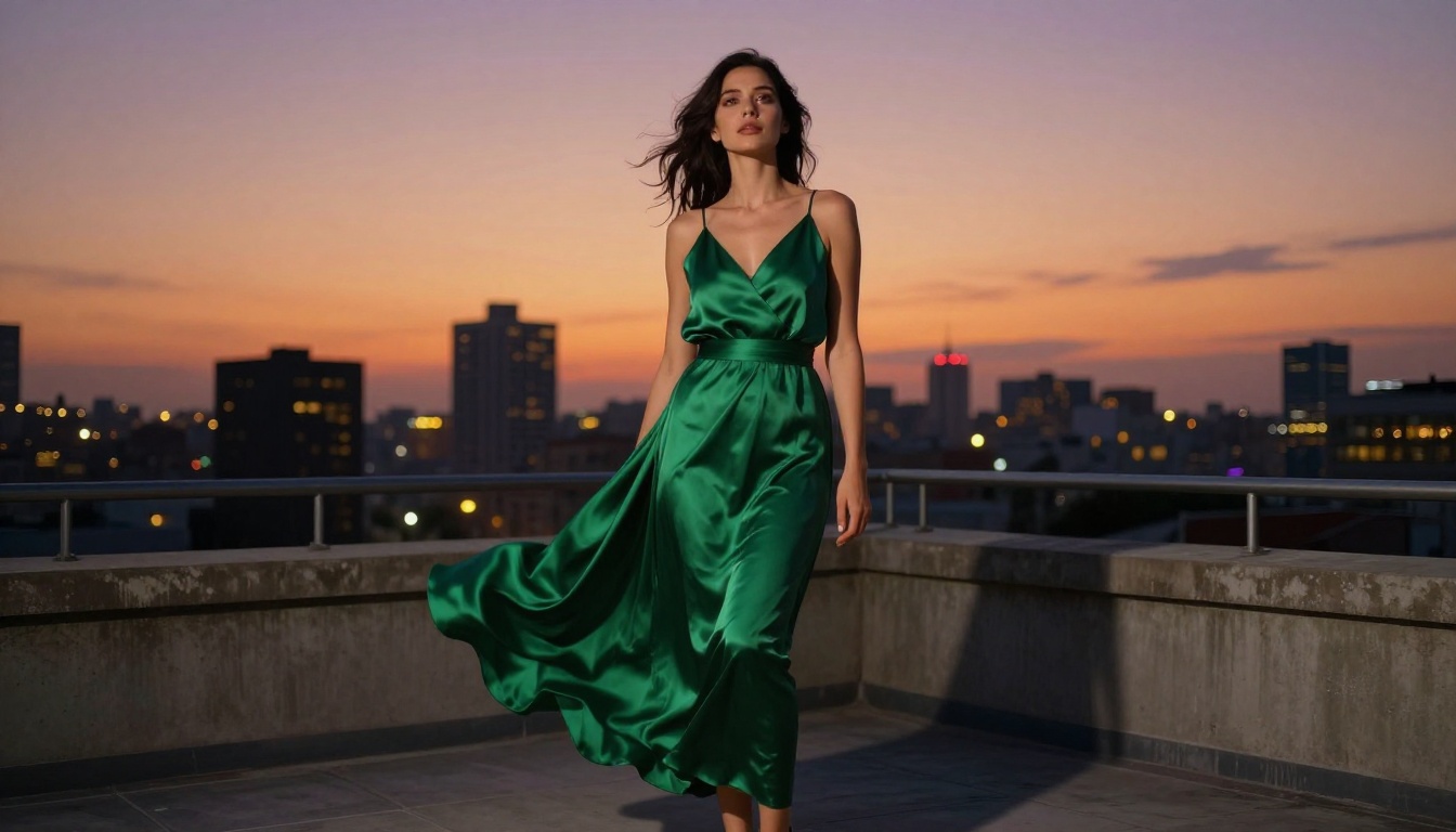 Woman in flowing emerald dress on a rooftop terrace at dusk with city skyline