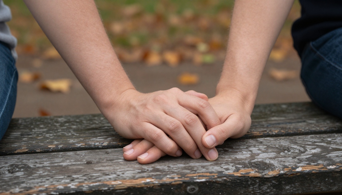 Close-up of two people's hands interlocked on a worn park bench with autumn leaves