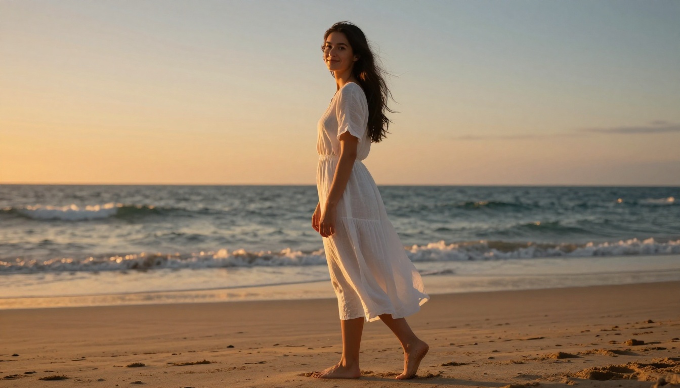 Woman at beach representing character consistency across different contexts