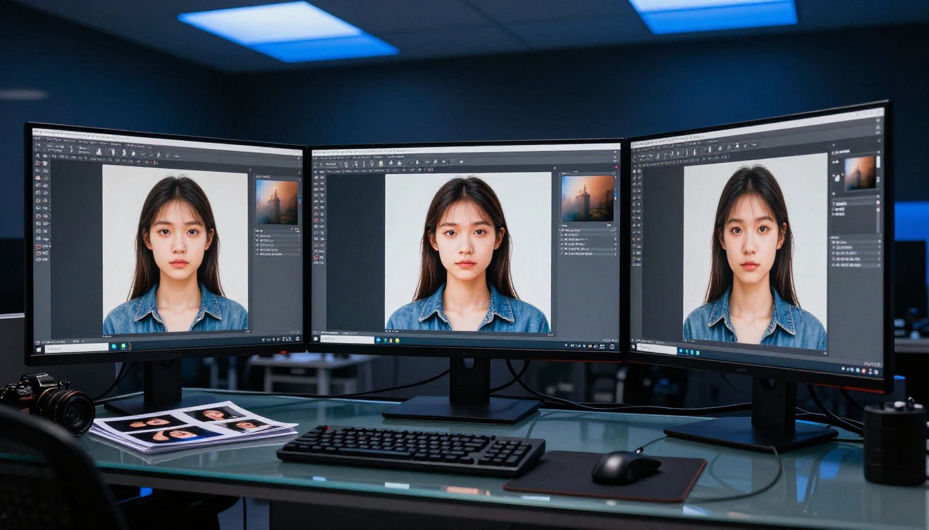 Multiple reference images displayed on studio monitors showing consistency