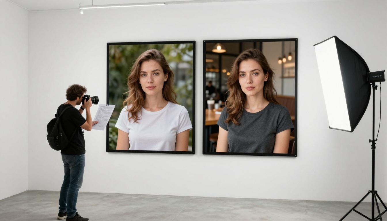 Lightbox comparison showing reference image vs AI output consistency