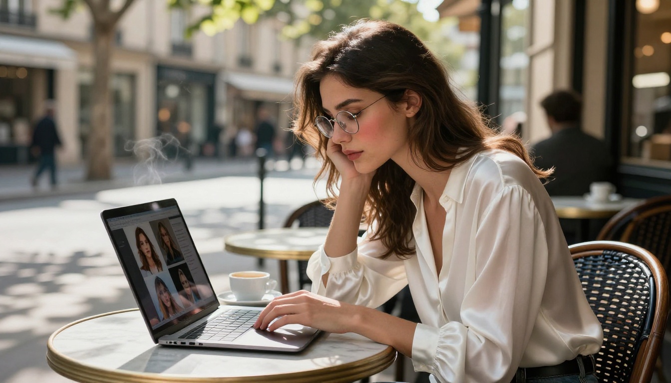 Woman working on laptop at Paris cafe with AI portraits on screen