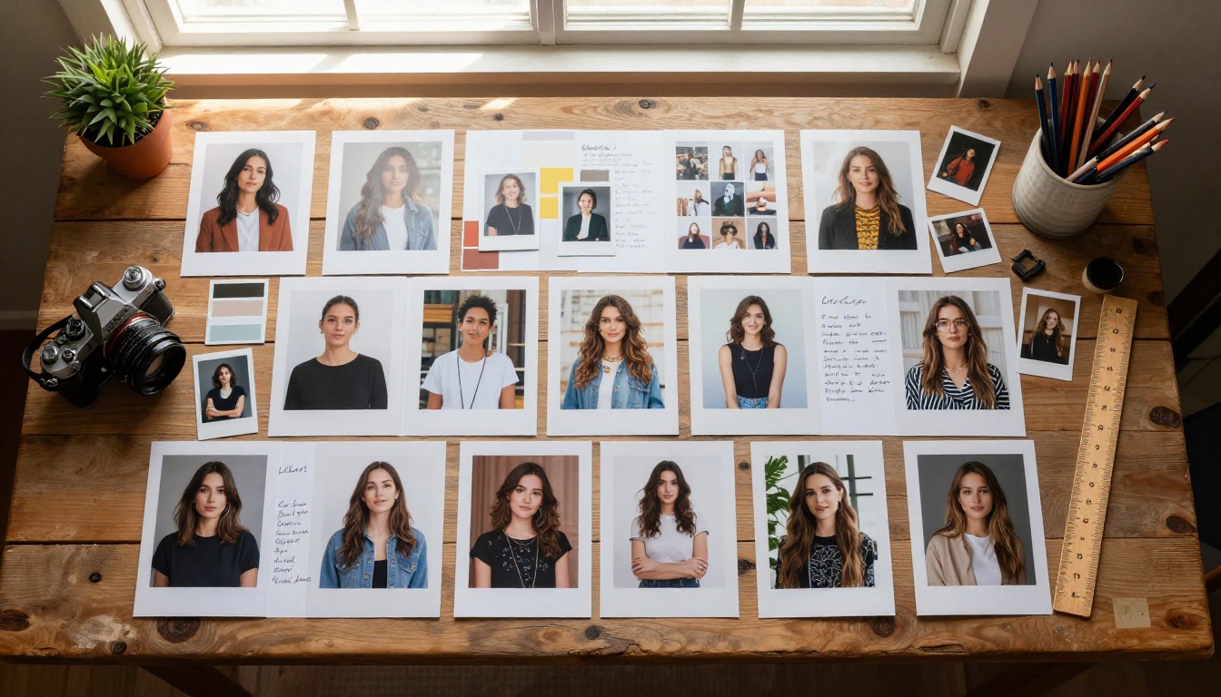 Mood board flat lay showing reference photography and creative workflow