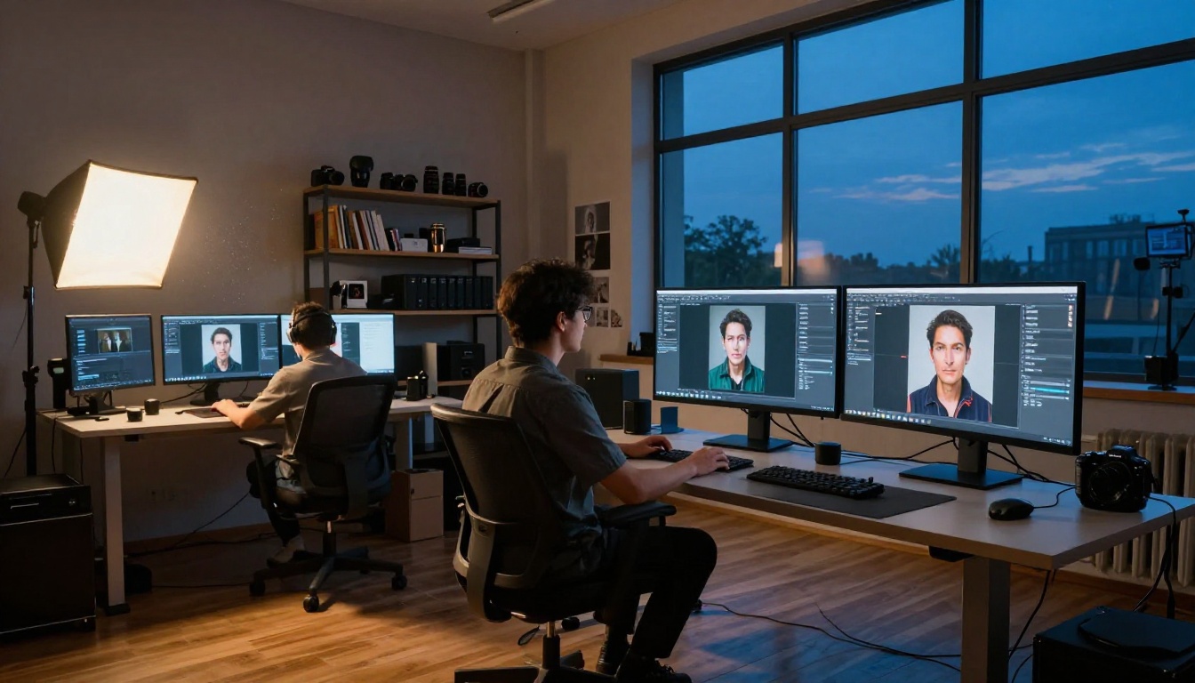 Studio workspace at dusk showing AI image generation workflow with monitors