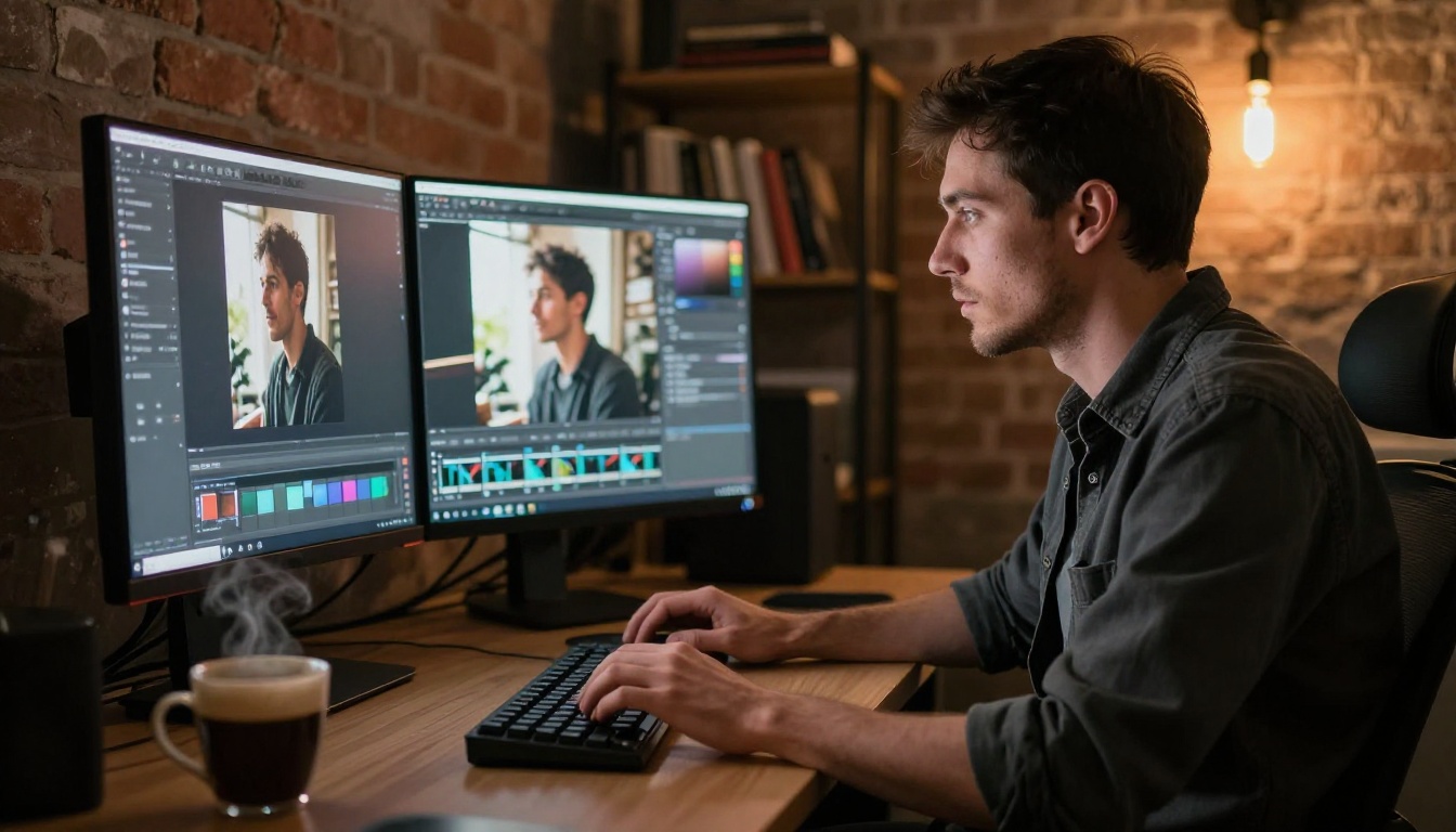 Creative professional editing photos at a studio workstation, warm Edison bulb lighting, ultrawide monitor showing a split image editing interface