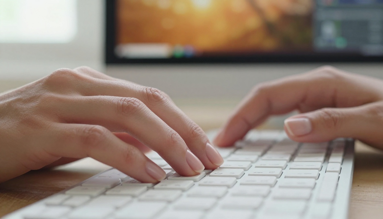 Close-up of hands typing a prompt on a keyboard, soft diffused morning light, colorful editing interface visible on blurred monitor behind