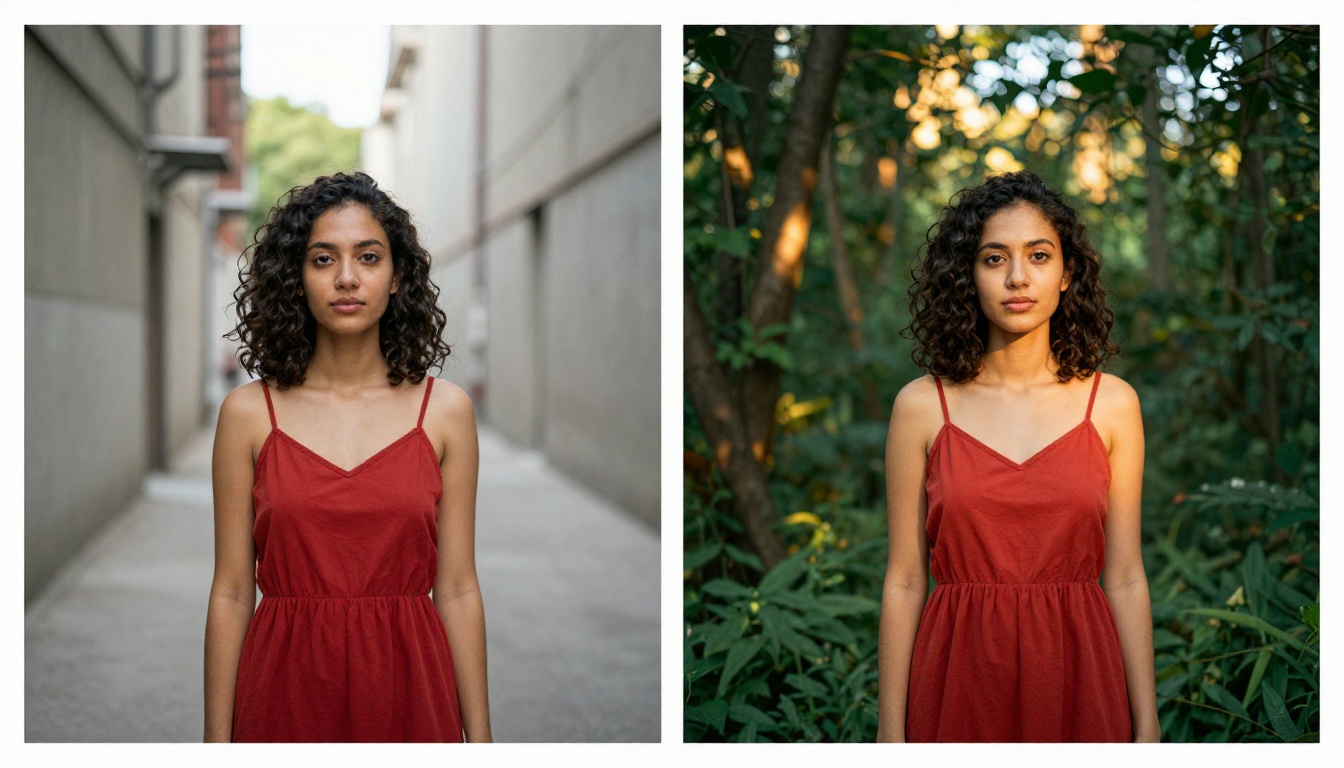 Split portrait comparison showing same woman in different background environments, before and after contextual image editing