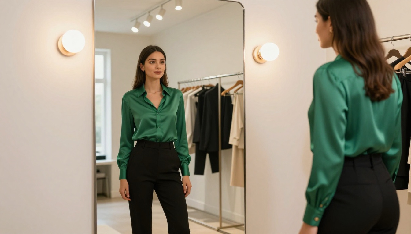 Stylish woman checking emerald green outfit in full-length mirror, bright modern dressing room, warm track lighting